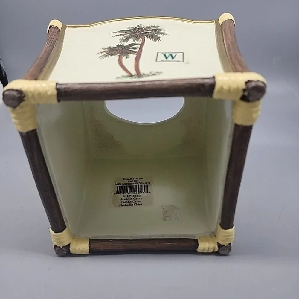 Wamsutta Palm Tree Tissue Box Cover Holder Ivory Gold Green Tropical